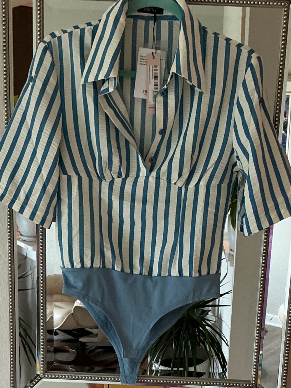 Striped Button-Front Bodysuit Top in Blue and White